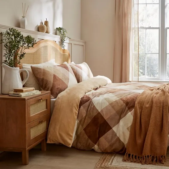 Checked Duvet Cover Set - Natural, Fleece