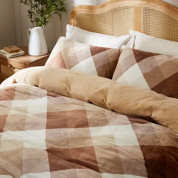Checked Duvet Cover Set - Natural, Fleece