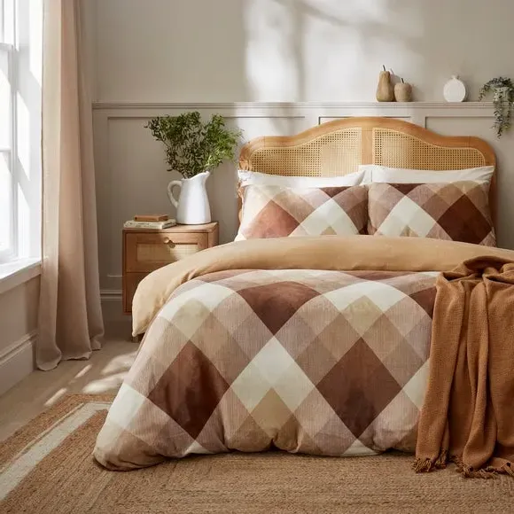 Checked Duvet Cover Set - Natural, Fleece