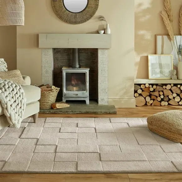 Checkerboard Rug Hand Carved - Natural, Wool image