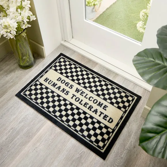 Chequered Doormat Dogs Welcome - Monochrome image
