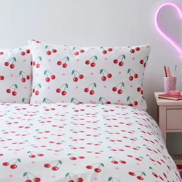 Cherries Duvet Cover Set - White, Polycotton