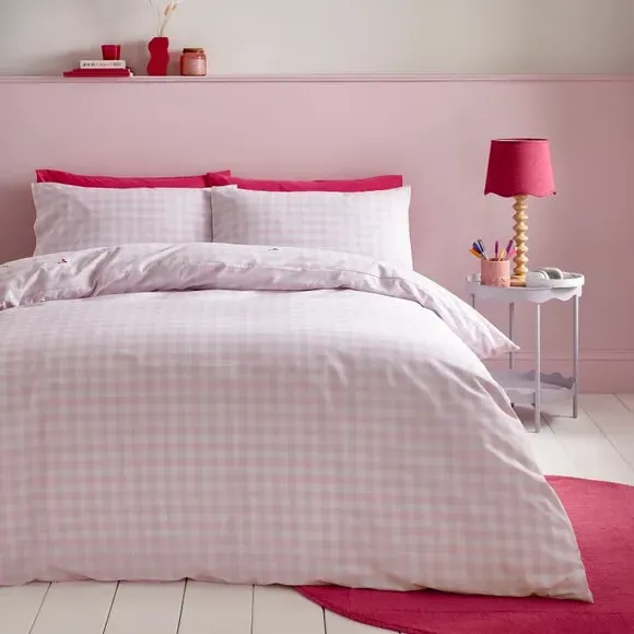 Cherry Gingham Duvet Cover Set - Pink, Cotton