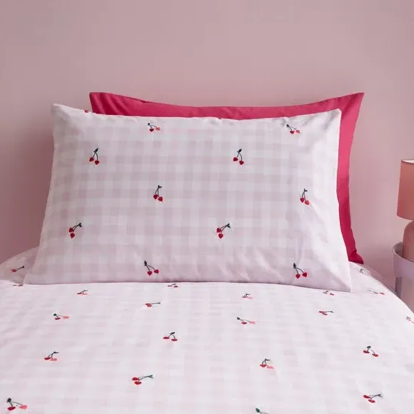 Cherry Gingham Duvet Cover Set - Pink, Cotton
