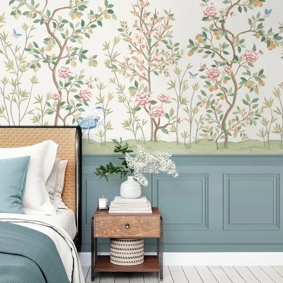 Chinoiserie Wall Mural - Green, Non-Woven Paper