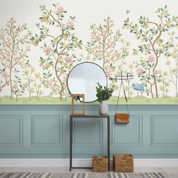 Chinoiserie Wall Mural - Green, Non-Woven Paper