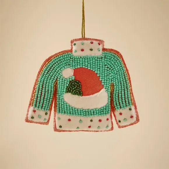 Christmas Jumper Hanging Decoration - Green, Beaded