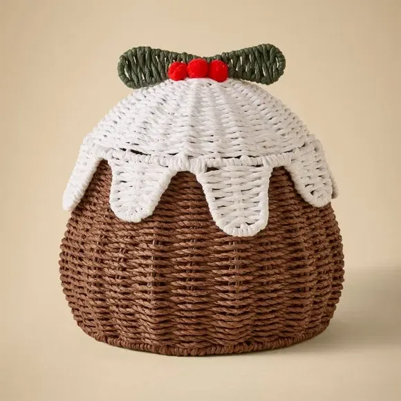 Christmas Pudding Lidded Basket - White
