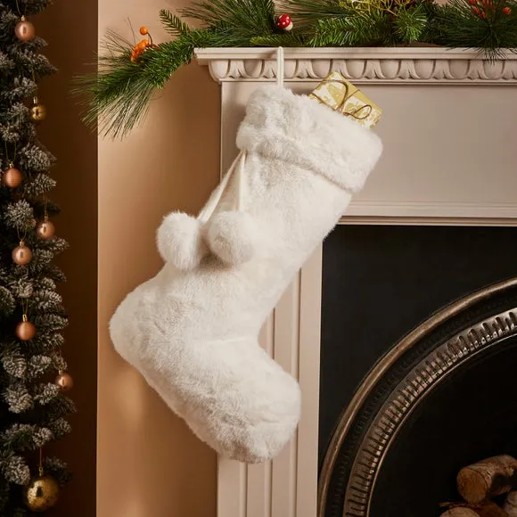 Christmas Stocking with Pom Pom - Ivory, Faux Fur image