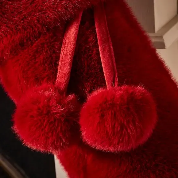 Christmas Stocking with Pom Pom - Red, Faux Fur