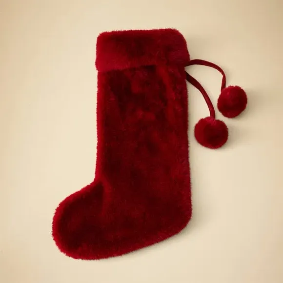Christmas Stocking with Pom Pom - Red, Faux Fur