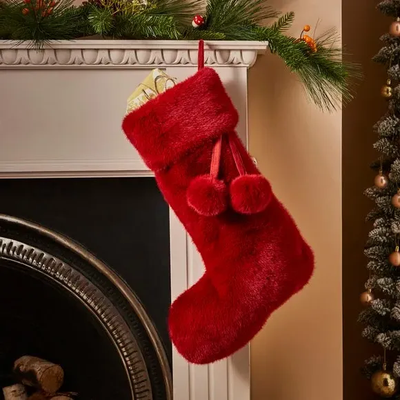 Christmas Stocking with Pom Pom - Red, Faux Fur