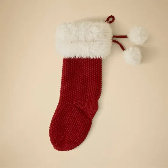 Christmas Stocking with Pom Poms - Red, Knitted