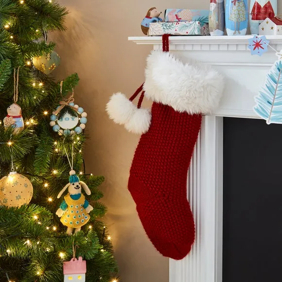 Christmas Stocking with Pom Poms - Red, Knitted image