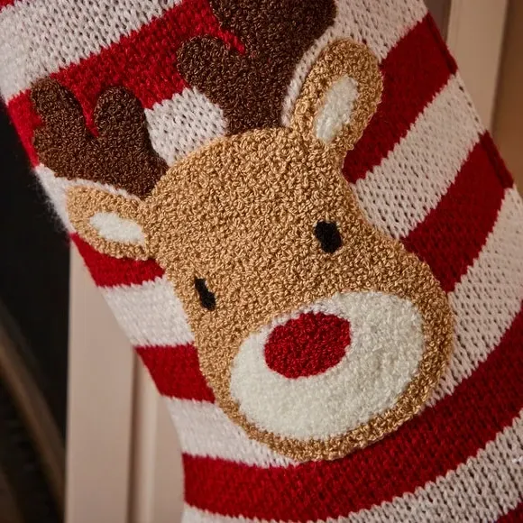 Christmas Stocking with Reindeer Design - Red, Polyester