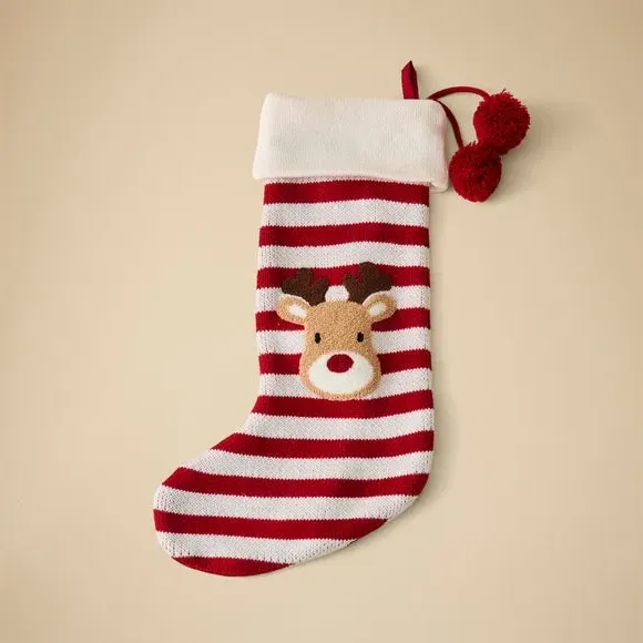 Christmas Stocking with Reindeer Design - Red, Polyester