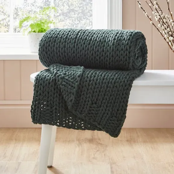 Chunky Knit Throw Blanket - Bottle Green, Recycled image