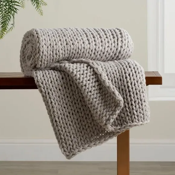 Chunky Knit Throw Blanket - Grey, Recycled