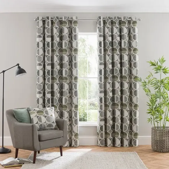 Circle Jacquard Eyelet Curtains - Green, Polyester