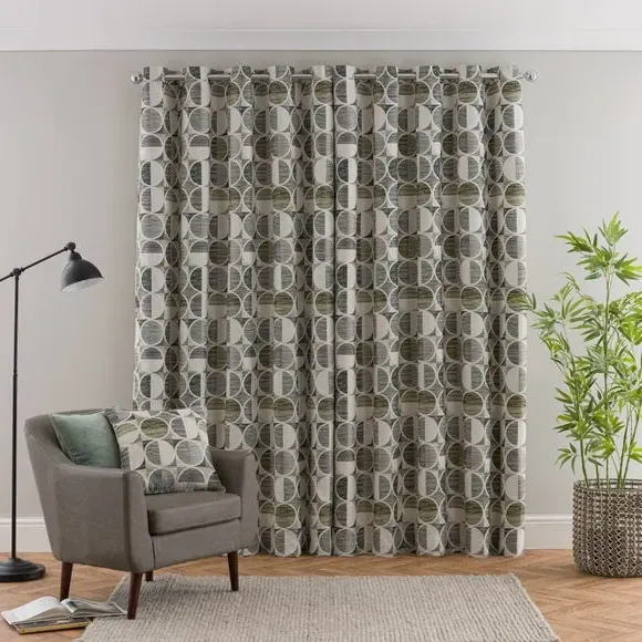 Circle Jacquard Eyelet Curtains - Green, Polyester