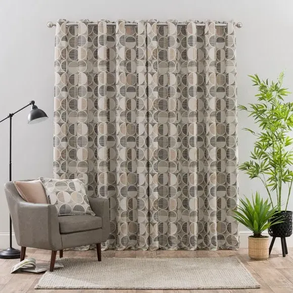 Circle Jacquard Eyelet Curtains - Natural, Polyester