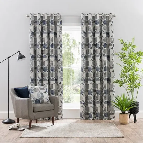 Circle Jacquard Eyelet Curtains - Navy, Polyester