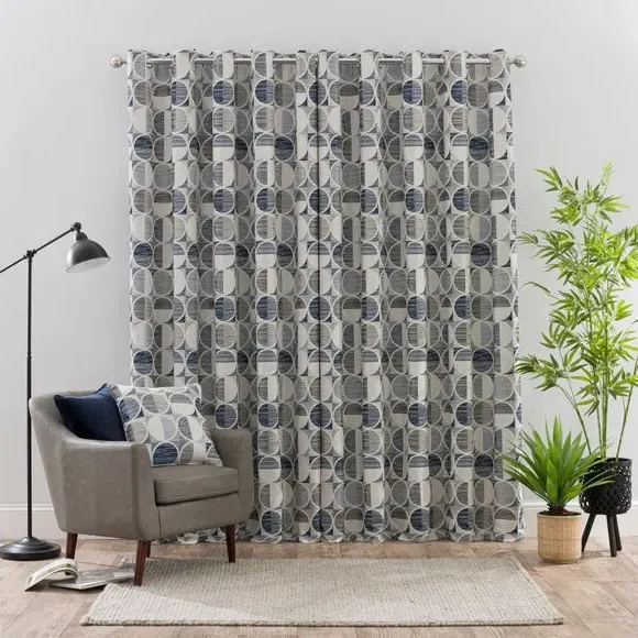 Circle Jacquard Eyelet Curtains - Navy, Polyester