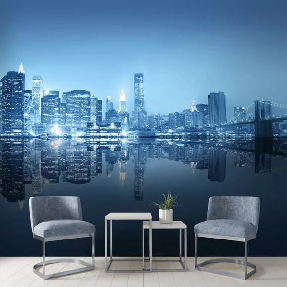 City Skyline Wall Mural - Blue, Non-Woven Paper