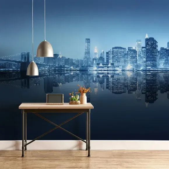 City Skyline Wall Mural - Blue, Non-Woven Paper