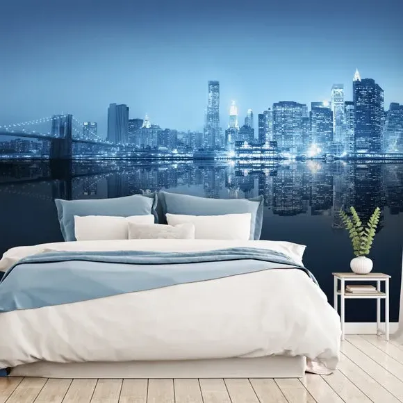 City Skyline Wall Mural - Blue, Non-Woven Paper