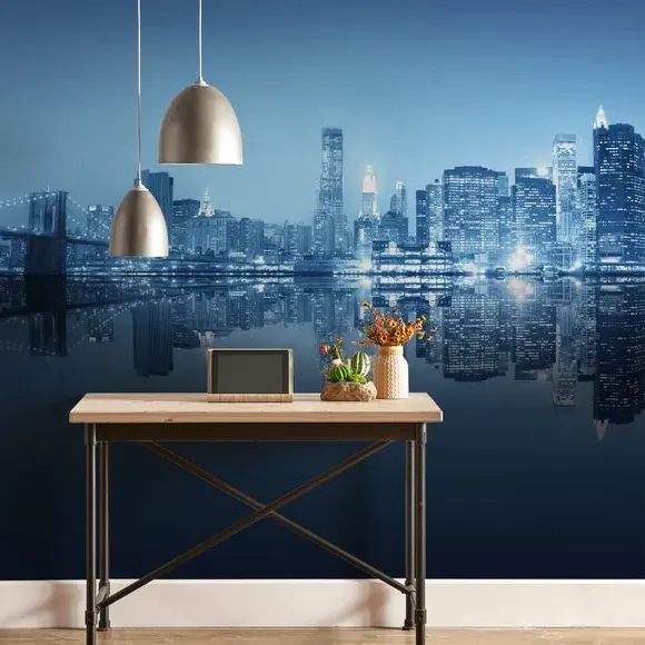 City Skyline Wall Mural - Blue, Non-Woven Paper image