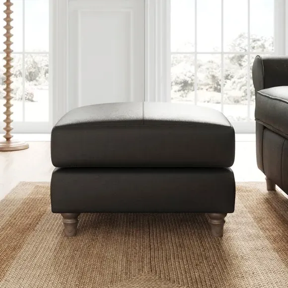 Classic Footstool with Turned Feet - Black, Leather
