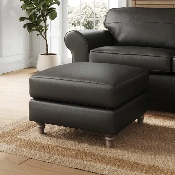 Classic Footstool with Turned Feet - Black, Leather image