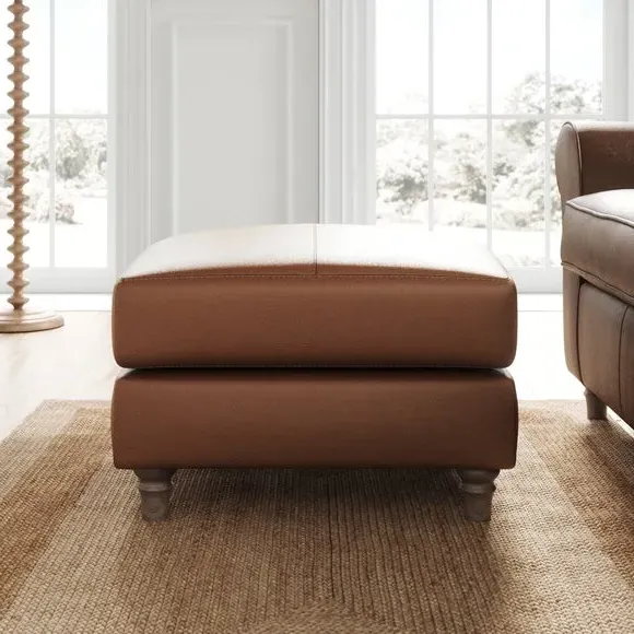 Classic Footstool with Turned Feet - Brown, Leather