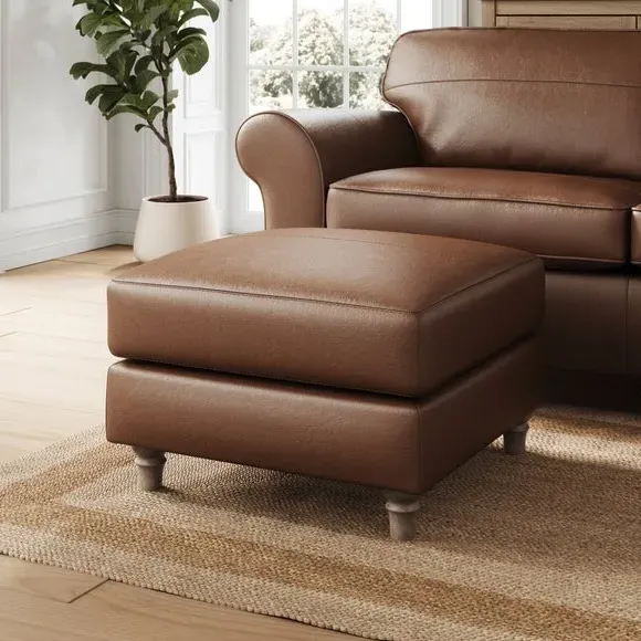 Classic Footstool with Turned Feet - Brown, Leather