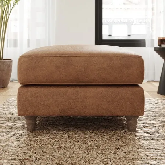 Classic Footstool with Turned Feet - Tan, Faux Leather