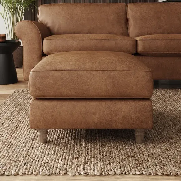 Classic Footstool with Turned Feet - Tan, Faux Leather