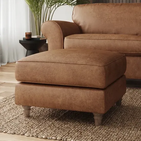 Classic Footstool with Turned Feet - Tan, Faux Leather image