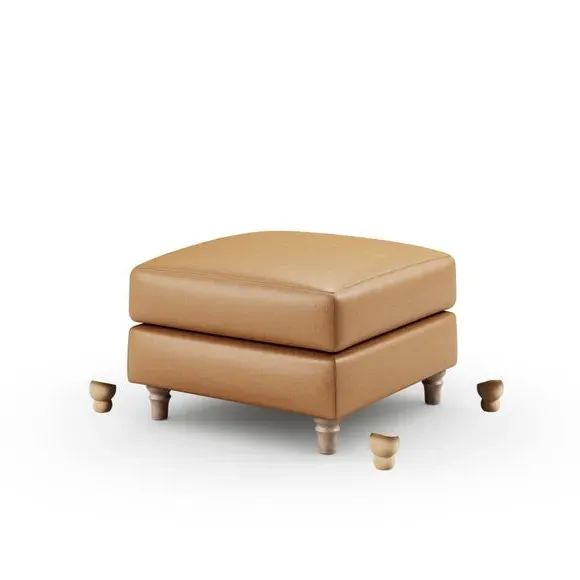 Classic Footstool with Turned Feet - Tan, Leather