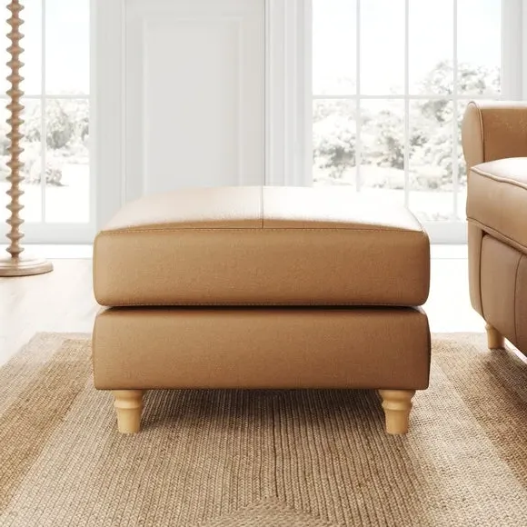 Classic Footstool with Turned Feet - Tan, Leather