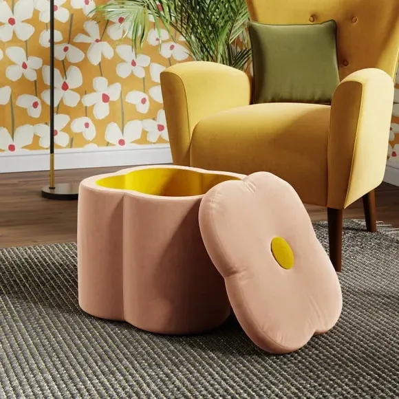 Clover Storage Footstool - Apricot Blush, Velvet