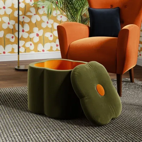 Clover Storage Footstool - Olive, Velvet
