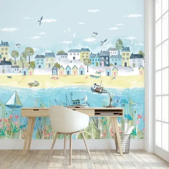 Coastal Town Wall Mural - Multicolor, Non-Woven