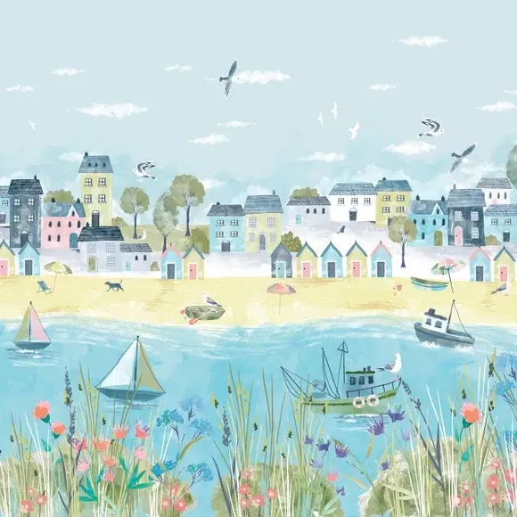 Coastal Town Wall Mural - Multicolor, Non-Woven