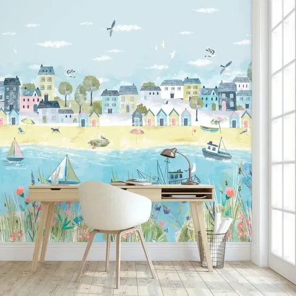 Coastal Town Wall Mural - Multicolor, Non-Woven