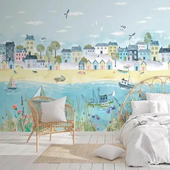 Coastal Town Wall Mural - Multicolor, Non-Woven