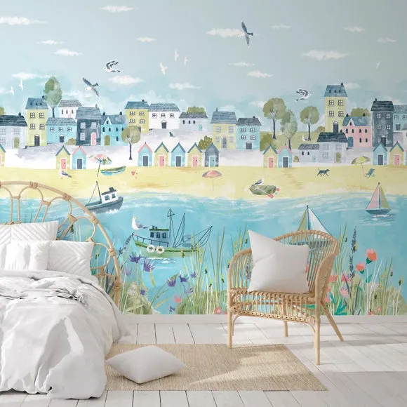 Coastal Town Wall Mural - Multicolor, Non-Woven