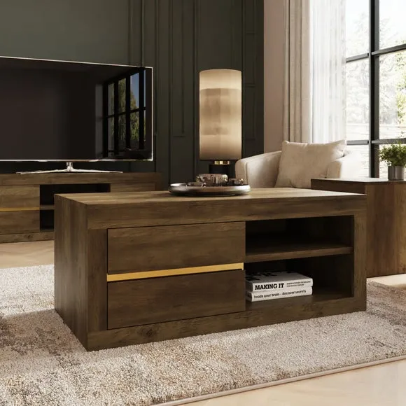 Coffee Table with Gold Accents - Oak, Rubberwood