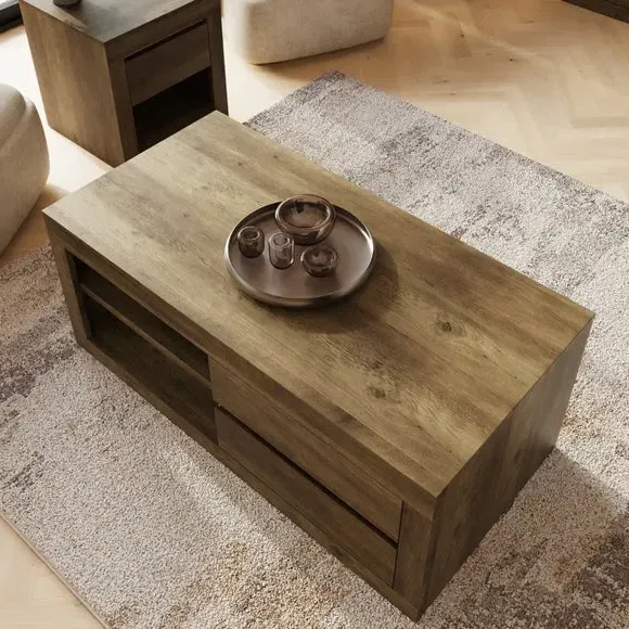 Coffee Table with Gold Accents - Oak, Rubberwood
