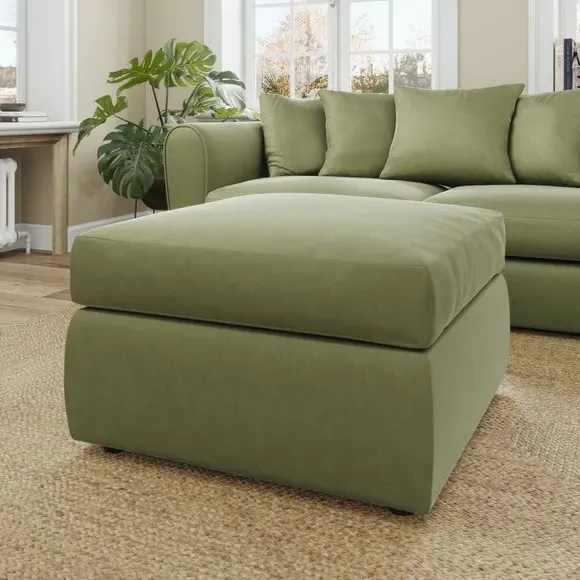 Compact Footstool with Cushion - Dark Olive, Velvet